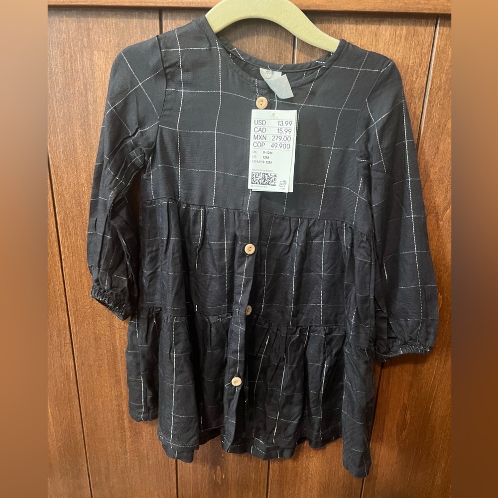 Baby Girl Gray Plaid H&M Button Up Dress 9-12 Months